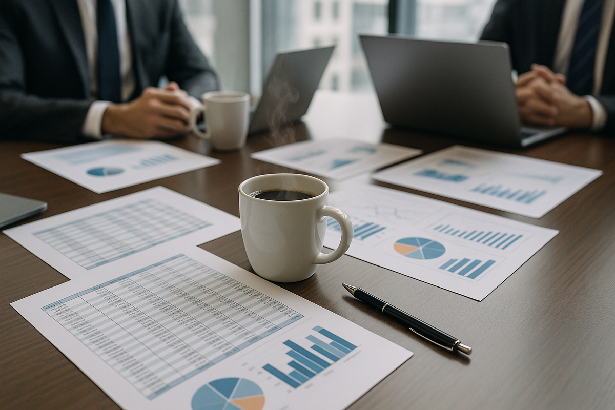 business meeting with coffee and spreadsheets on the table